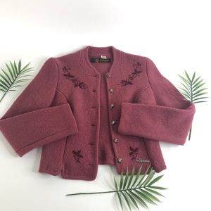 VTG Original Salzburger 100% Wool Pink Embroidered Button Up Cardigan Women’s 42